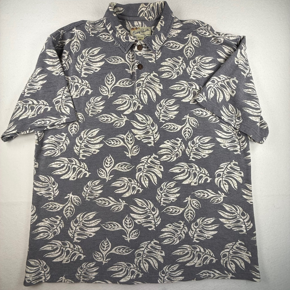 Crazy Shirts Men’s Gray White Leaf Print Hawaiian Polo Shirt Size XL